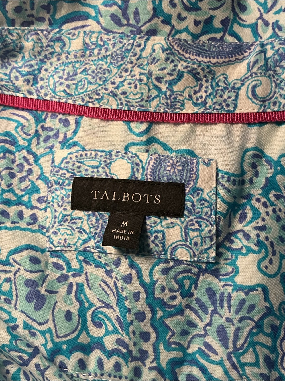 Talbots Blue Paisley Button Front Blouse Medium 100% Cotton Long Sleeve - Picture 3 of 7